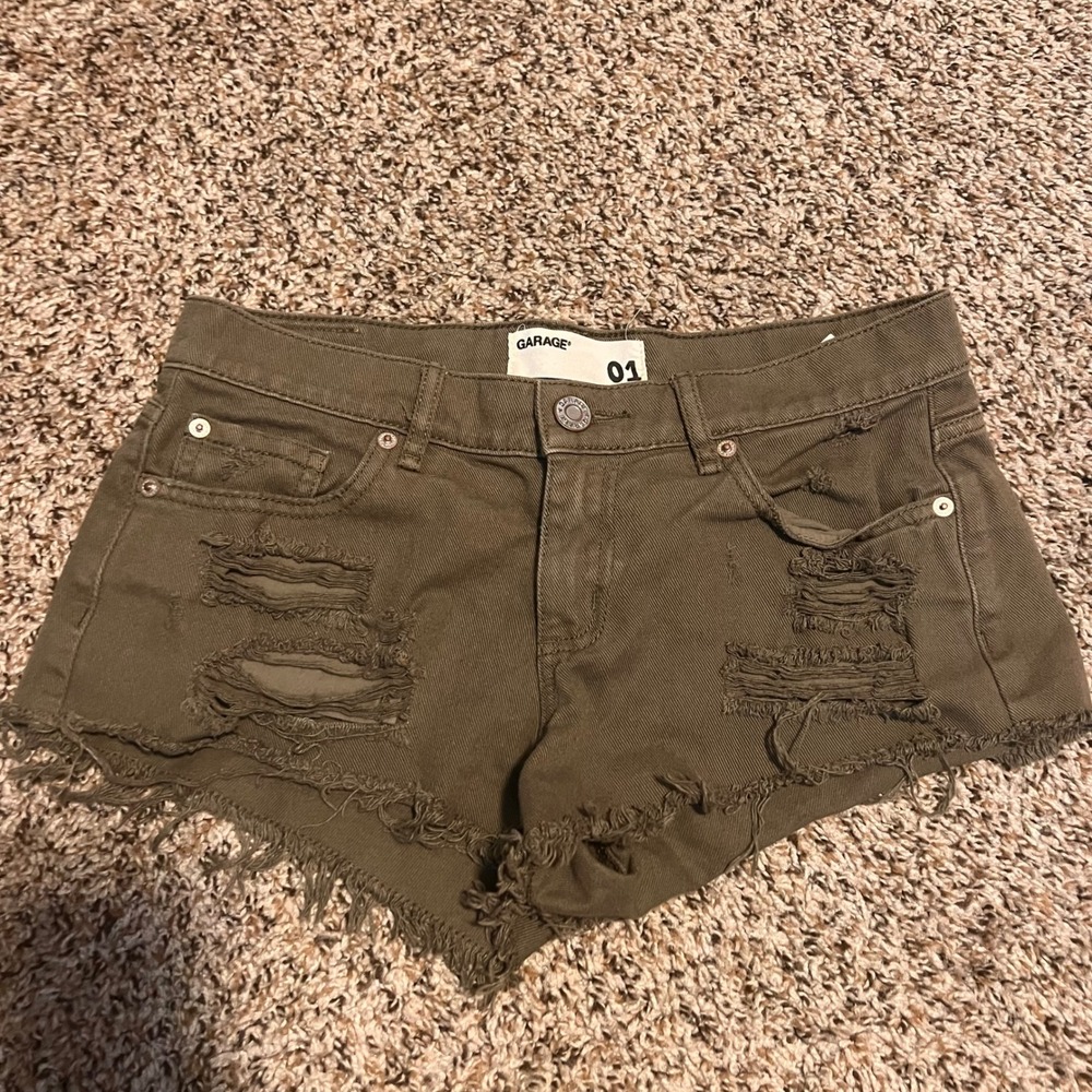Garage Olive Green Distressed Denim Shorts | Size 01 |‎ Ripped Raw Hem